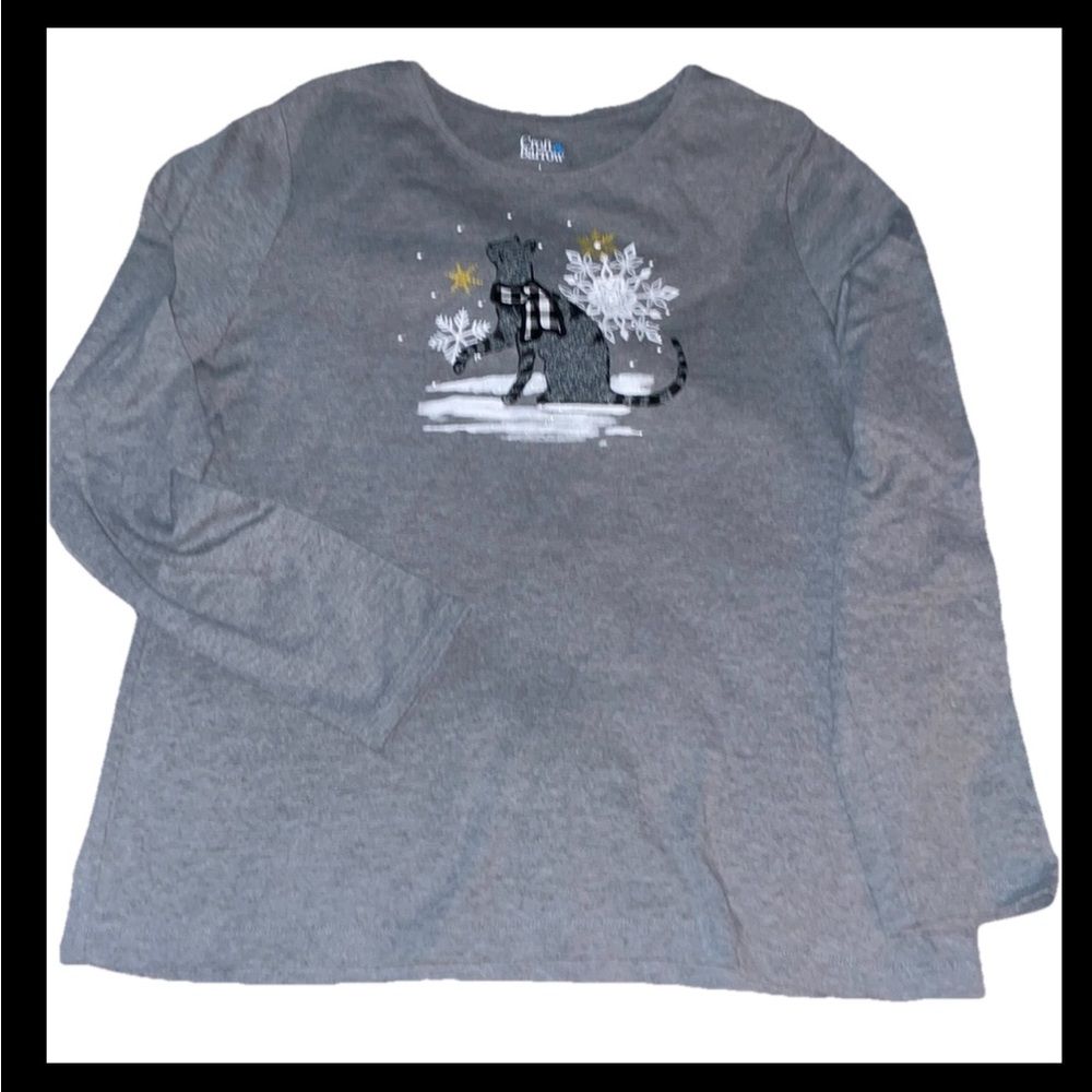 Croft Barrow Cat glitter snowflake black white check, size L gray knit tee shirt
